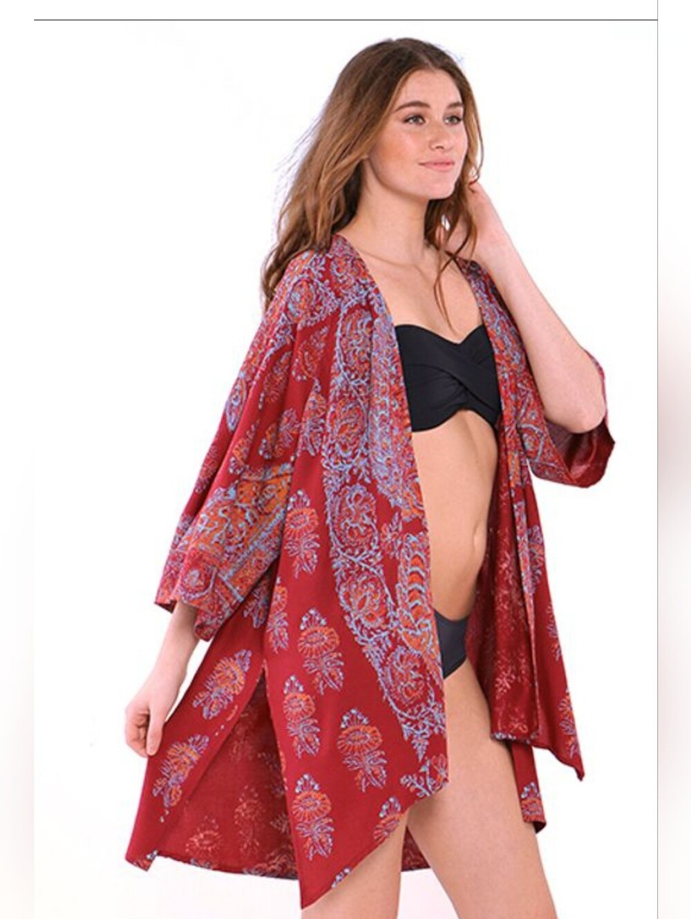 Billabong Burgundy Paisley-Print Kimono Cape / Cover Up